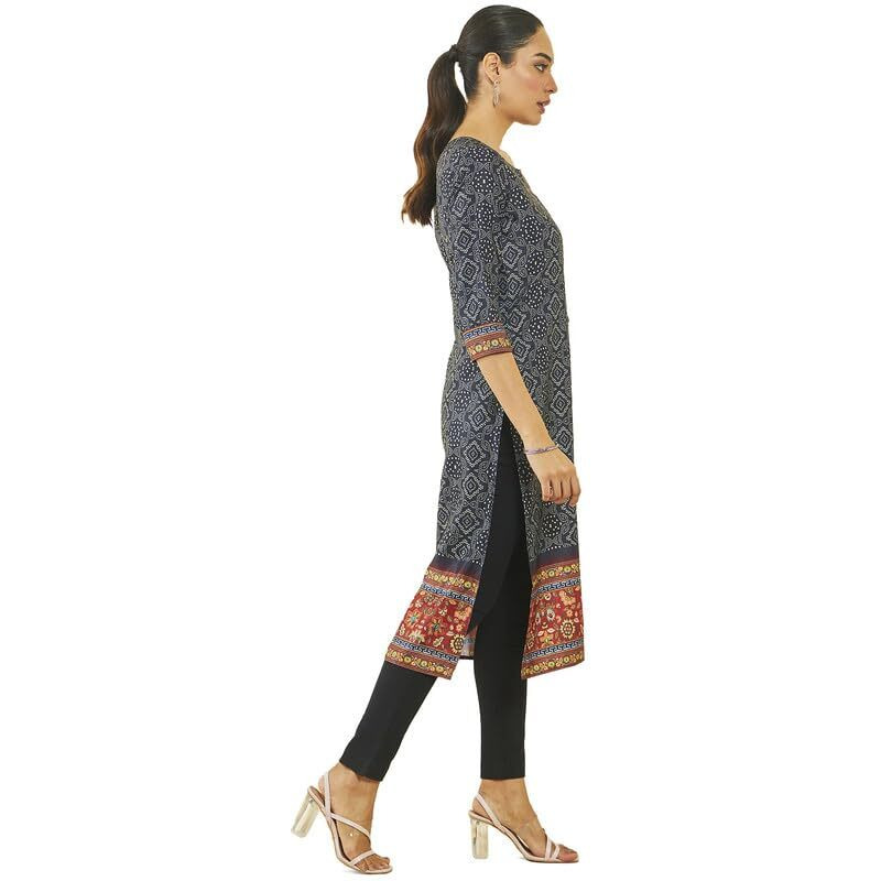 Soch Womens Navy Blue Satin Bandhani Print Straight Kurta With Tassels