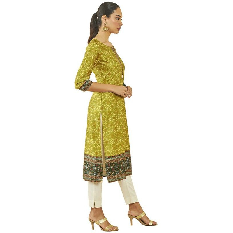 Soch Womens Olive Satin Bandhani Print Straight Kurta With Contrast Border