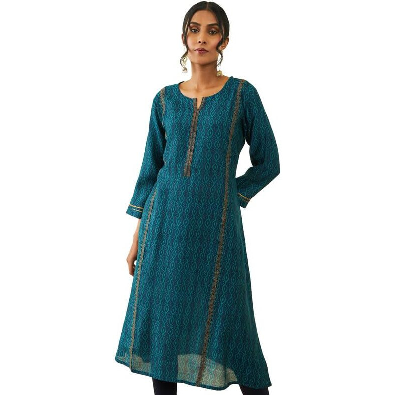 Soch Womens Navy Blue Muslin Printed A-Line Kurta With Zari Embroidery Details