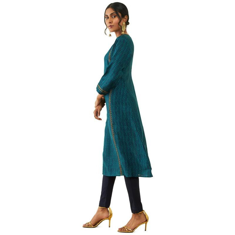 Soch Womens Navy Blue Muslin Printed A-Line Kurta With Zari Embroidery Details