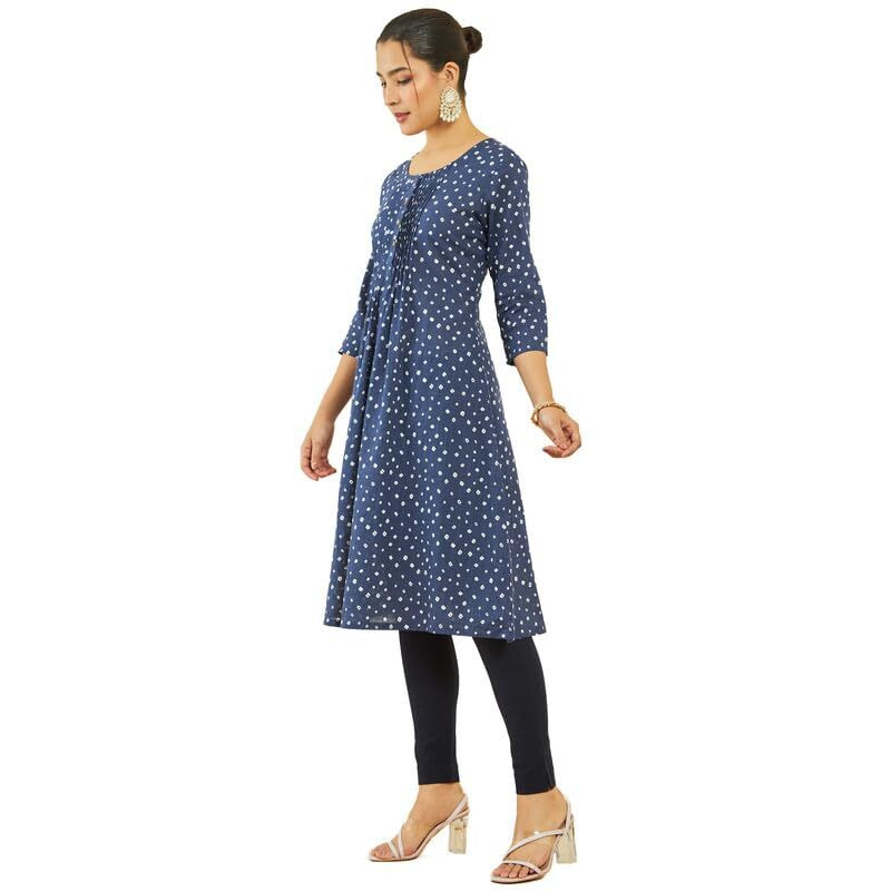 Soch Womens Indigo Cotton Slub Bandhani Print A-Line Kurta With Pintucks