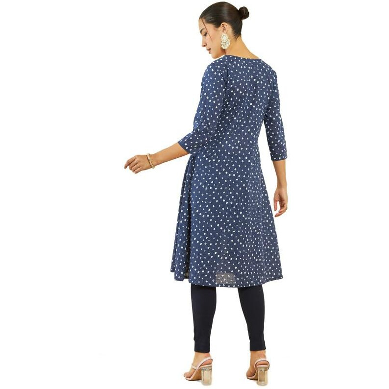 Soch Womens Indigo Cotton Slub Bandhani Print A-Line Kurta With Pintucks