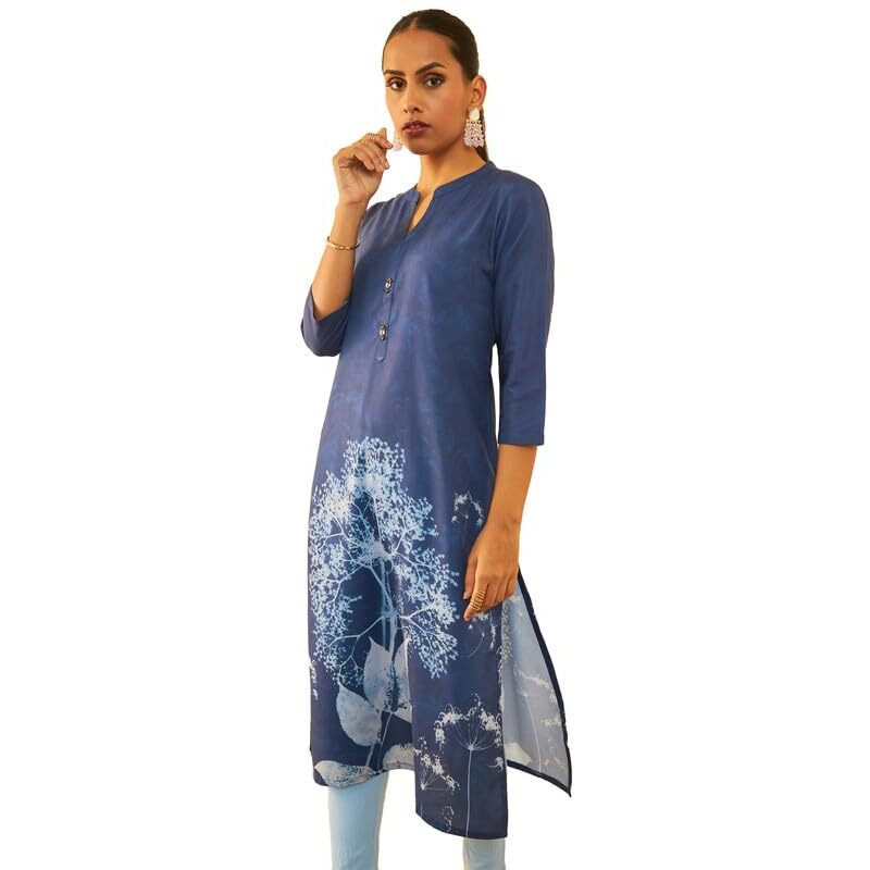 Soch Womens Blue Muslin Blend Placement Floral Print Straight Kurta