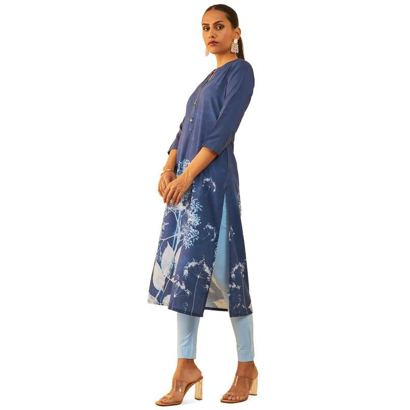 Soch Womens Blue Muslin Blend Placement Floral Print Straight Kurta