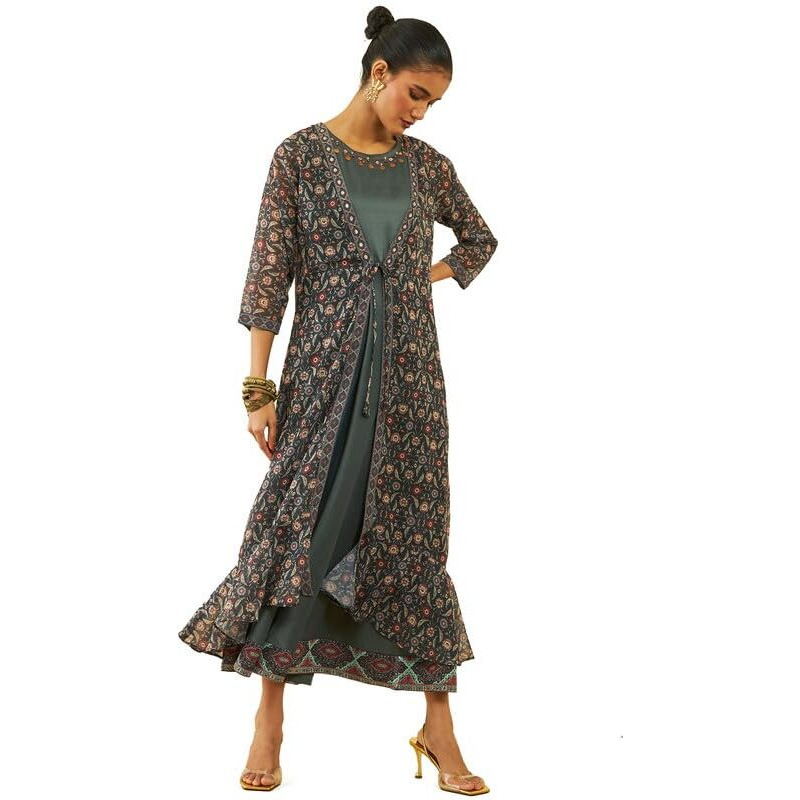 Soch Womens Charcoal Georgette Floral Print Ankle-Length Dress With Matching Long Shrug