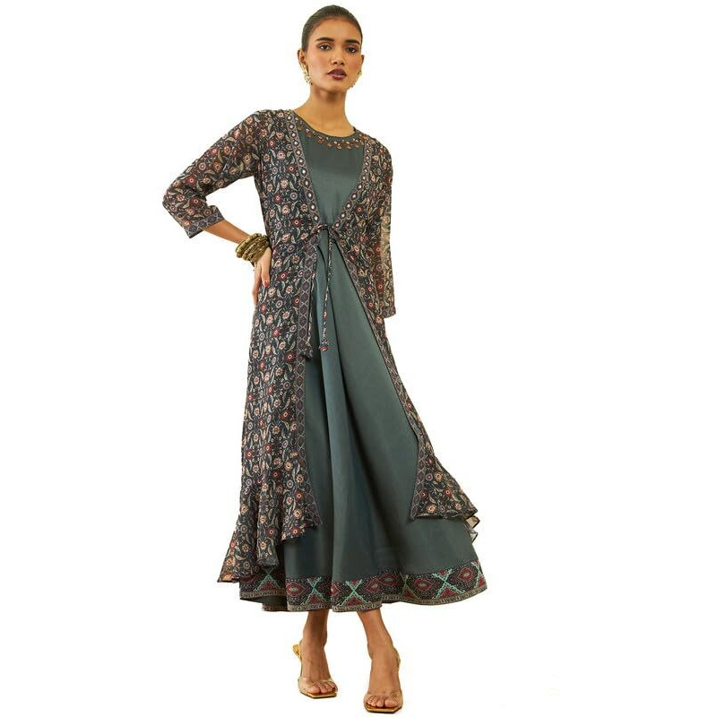 Soch Womens Charcoal Georgette Floral Print Ankle-Length Dress With Matching Long Shrug