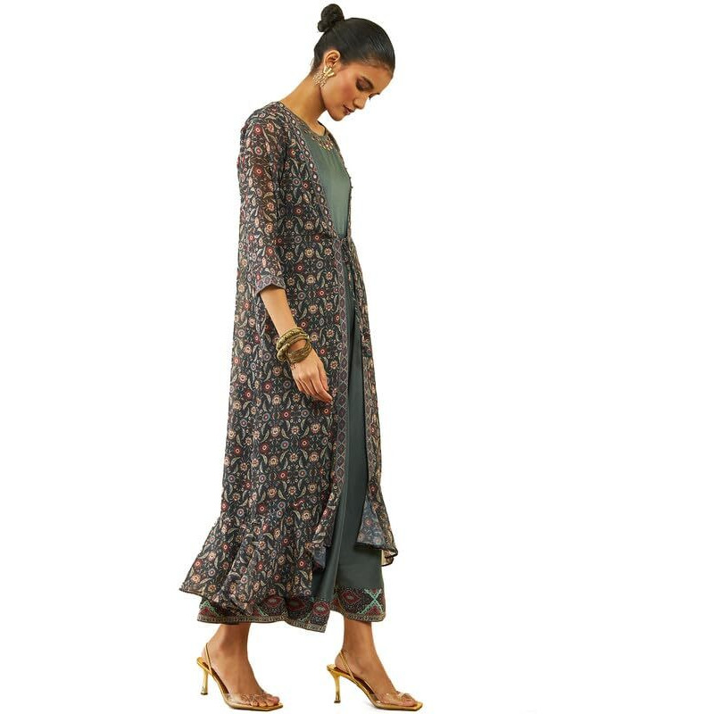 Soch Womens Charcoal Georgette Floral Print Ankle-Length Dress With Matching Long Shrug