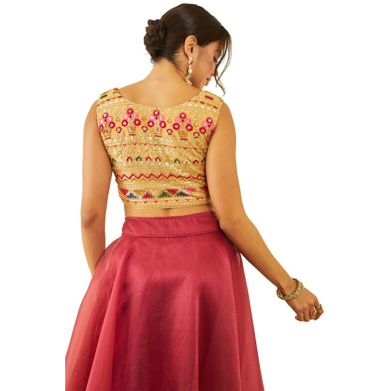 Soch Womens Beige Georgette Sequin Embellished Front-Open Sleeveless Blouse