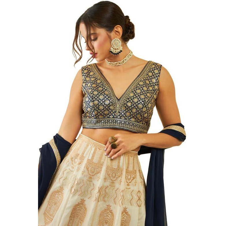 Soch Womens Navy Blue Tussar Sequin Embellished V-Neck Back-Open Sleeveless Blouse