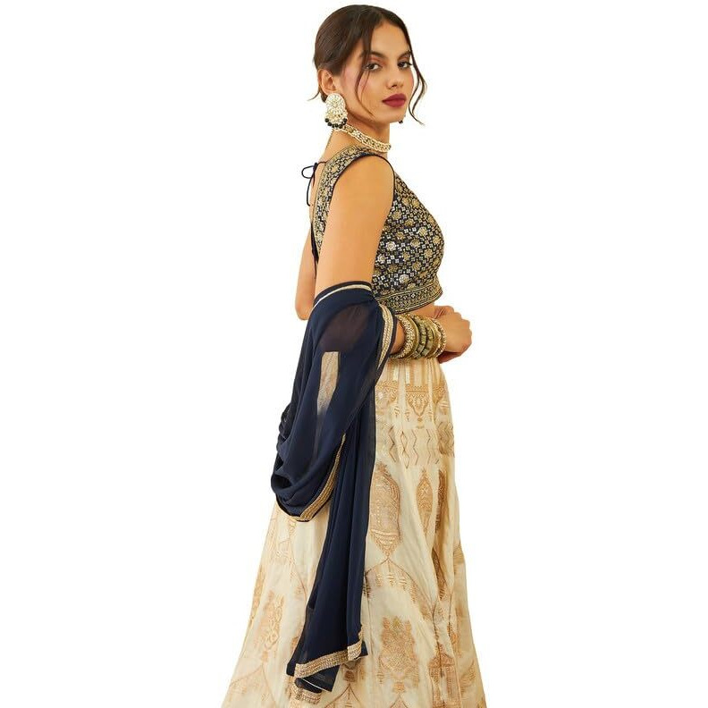 Soch Womens Navy Blue Tussar Sequin Embellished V-Neck Back-Open Sleeveless Blouse