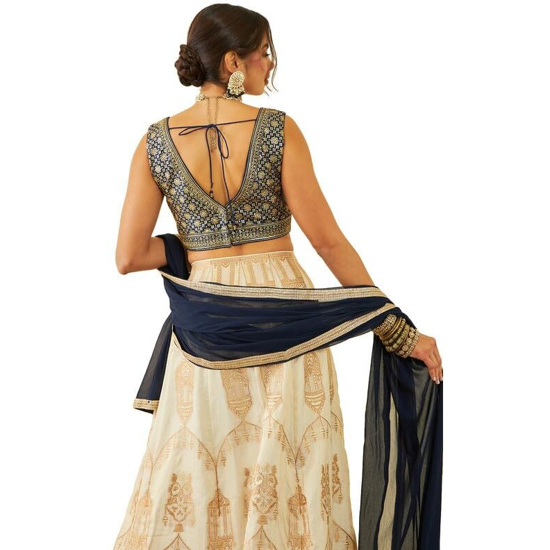 Soch Womens Navy Blue Tussar Sequin Embellished V-Neck Back-Open Sleeveless Blouse