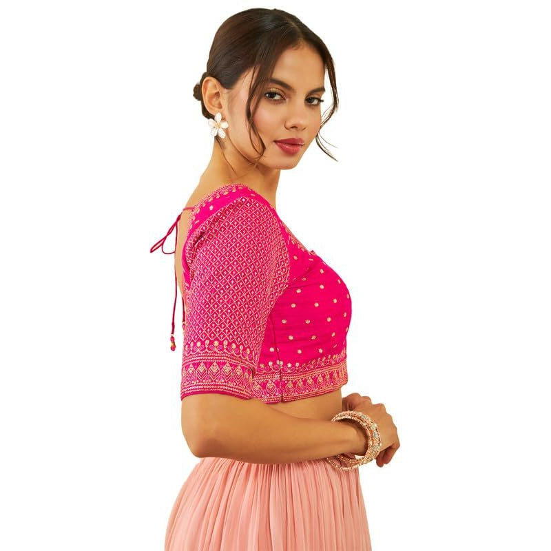 Soch Womens Fuchsia Tussar Sequin Embellished And Embroidered Front-Open Blouse