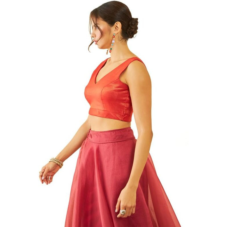 Soch Womens Orange Tussar V-Neck Back-Open Sleeveless Blouse