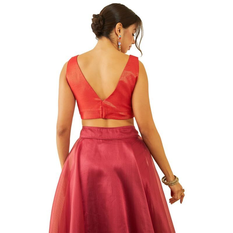Soch Womens Orange Tussar V-Neck Back-Open Sleeveless Blouse