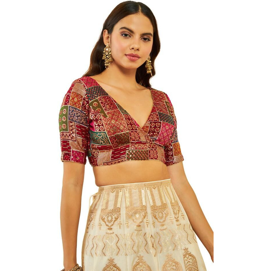 Soch Womens Maroon Tussar Sequin Embroidered V-Neck Back-Open Blouse