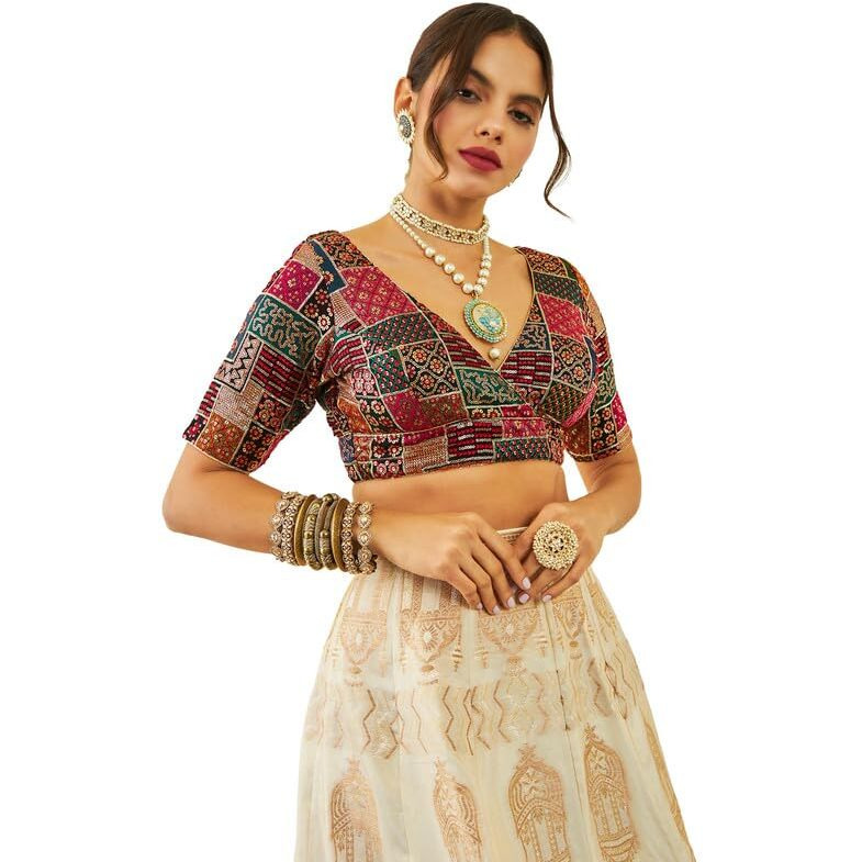 Soch Womens Black Tussar Sequin Embroidered V-Neck Back-Open Blouse