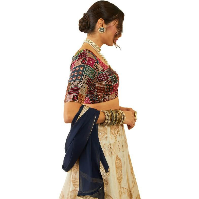 Soch Womens Black Tussar Sequin Embroidered V-Neck Back-Open Blouse