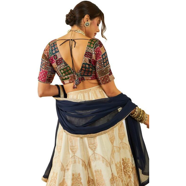 Soch Womens Black Tussar Sequin Embroidered V-Neck Back-Open Blouse