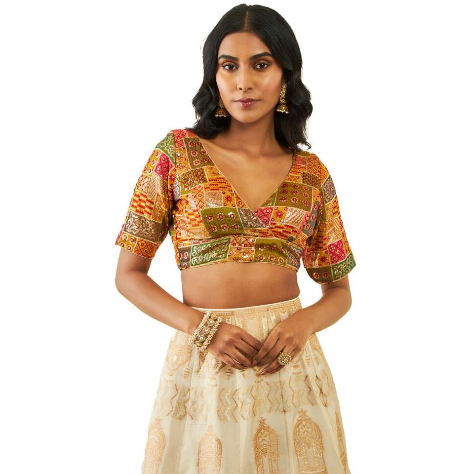 Soch Womens Mustard Tussar Sequin Embroidered V-Neck Back-Open Blouse