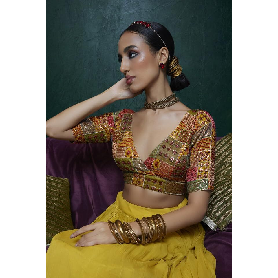 Soch Womens Mustard Tussar Sequin Embroidered V-Neck Back-Open Blouse