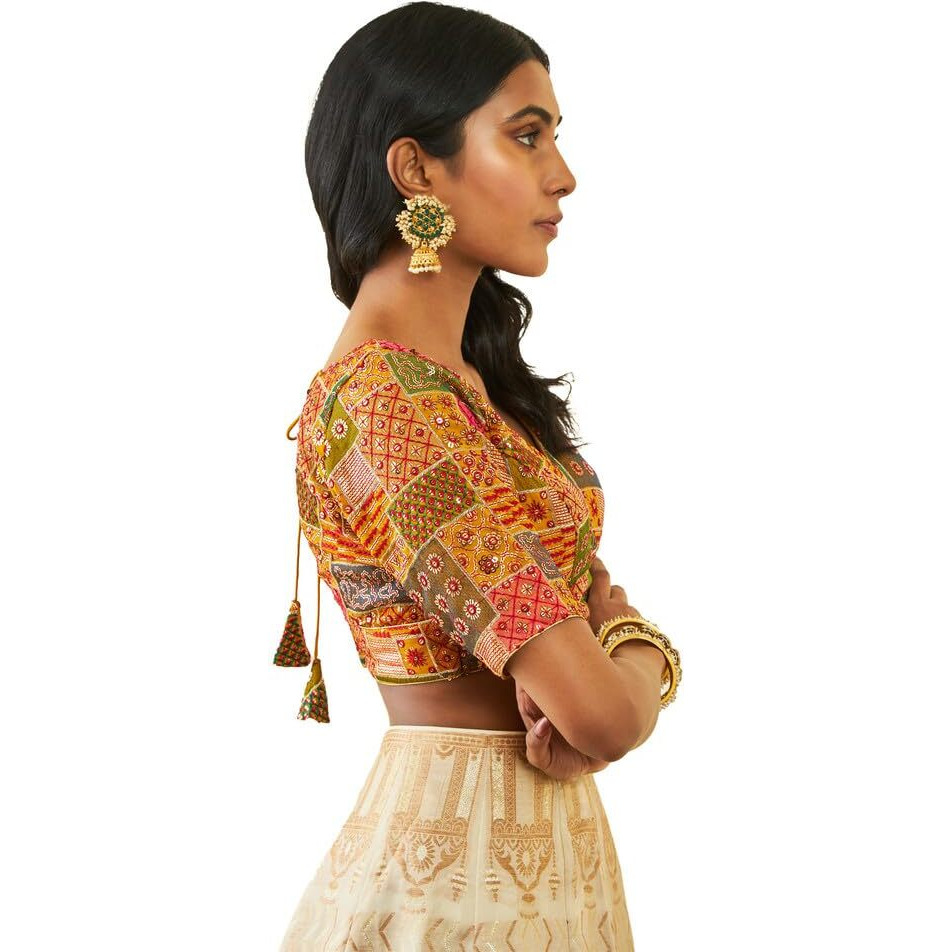 Soch Womens Mustard Tussar Sequin Embroidered V-Neck Back-Open Blouse