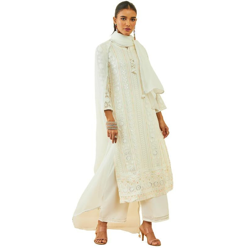 Soch Womens Off White Georgette All-Over Embroidered Palazzo Suit Set With Dupatta