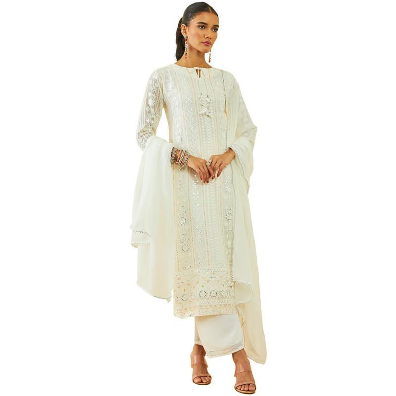 Soch Womens Off White Georgette All-Over Embroidered Palazzo Suit Set With Dupatta