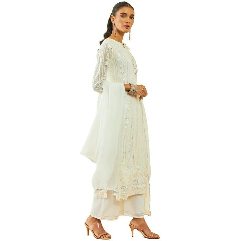 Soch Womens Off White Georgette All-Over Embroidered Palazzo Suit Set With Dupatta