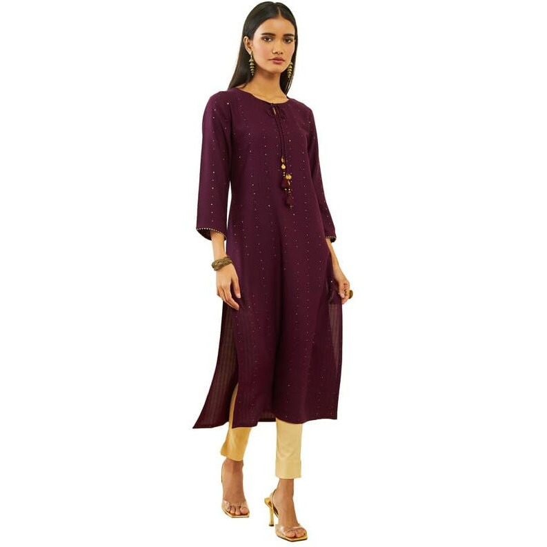 Soch Womens Wine Rayon Sequin Embellished Round-Neck Straight Kurta
