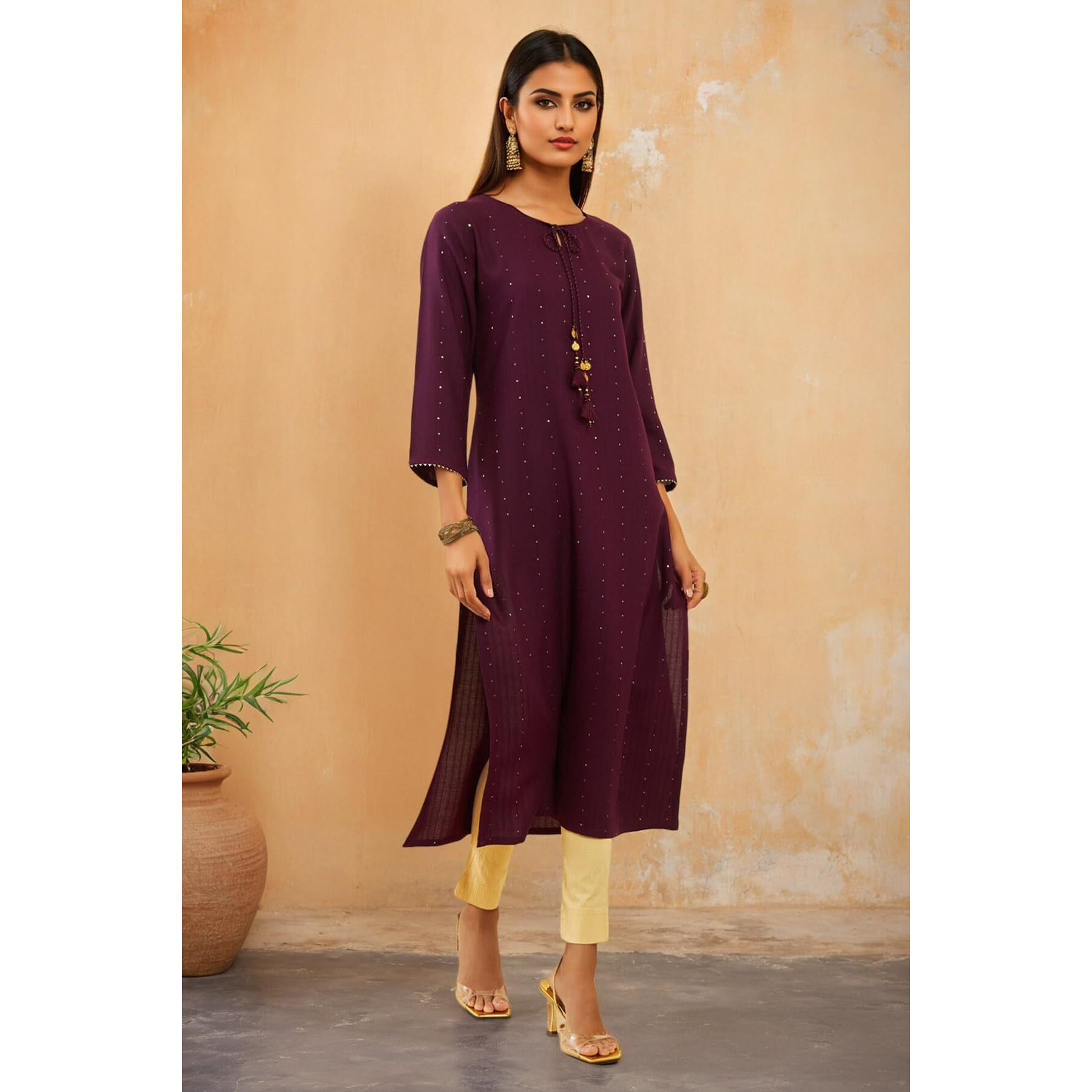 Soch Womens Wine Rayon Sequin Embellished Round-Neck Straight Kurta