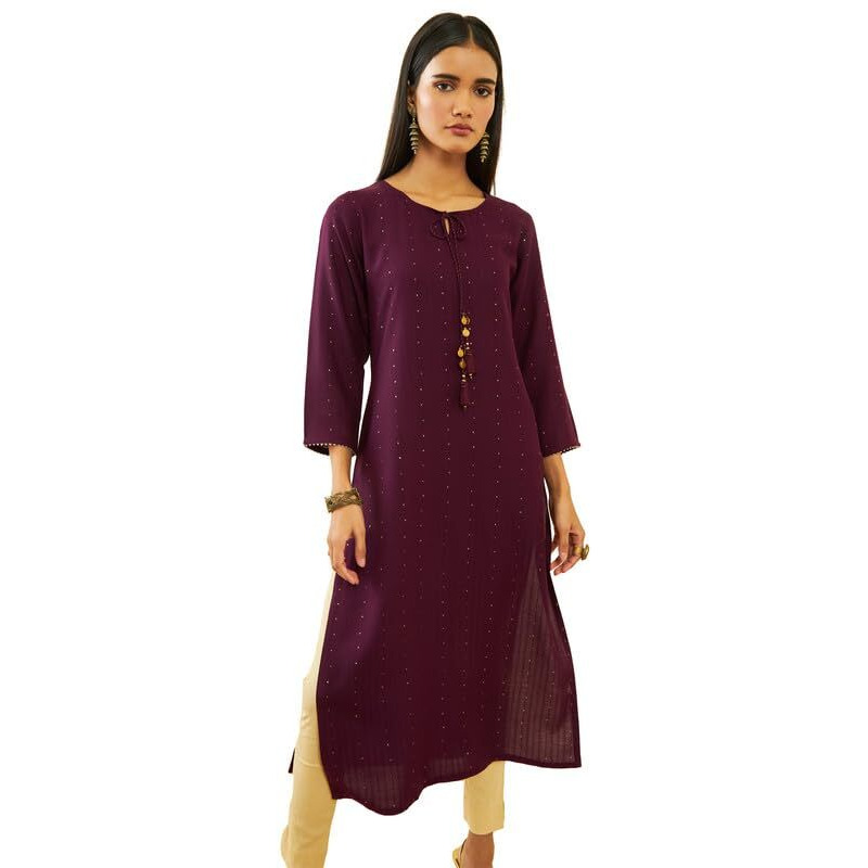 Soch Womens Wine Rayon Sequin Embellished Round-Neck Straight Kurta