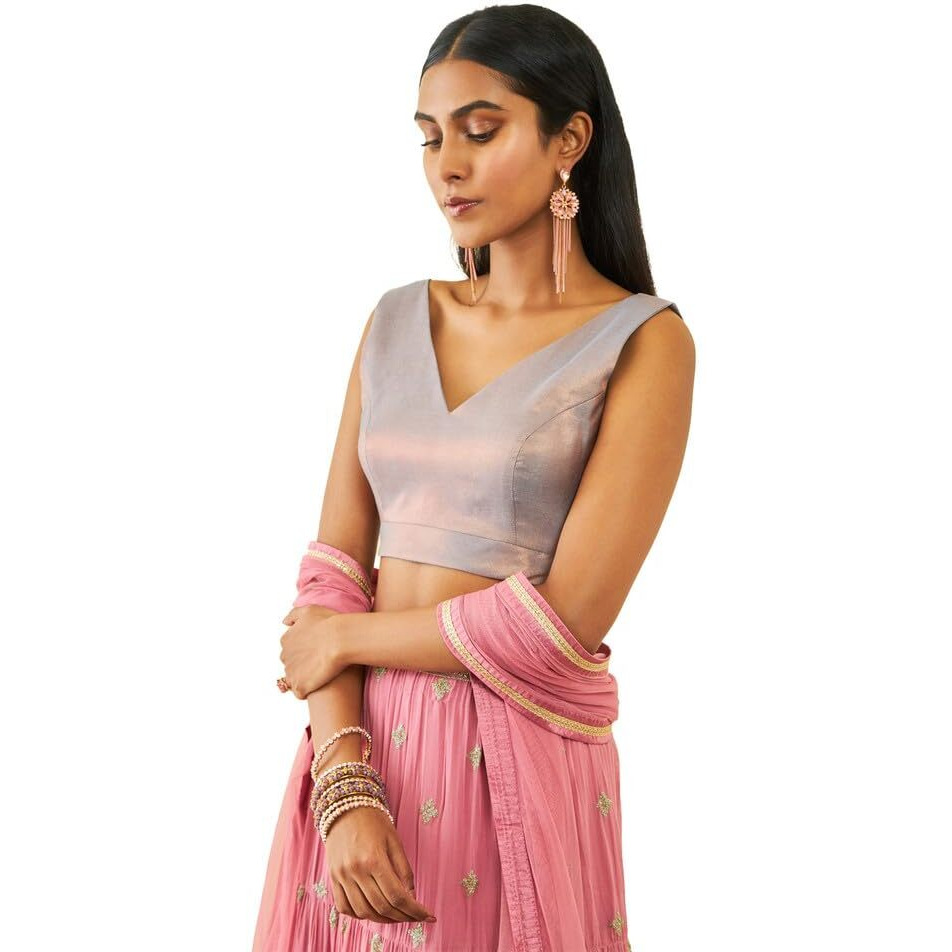 Soch Womens Grey Tussar V-Neck Back-Open Sleeveless Blouse