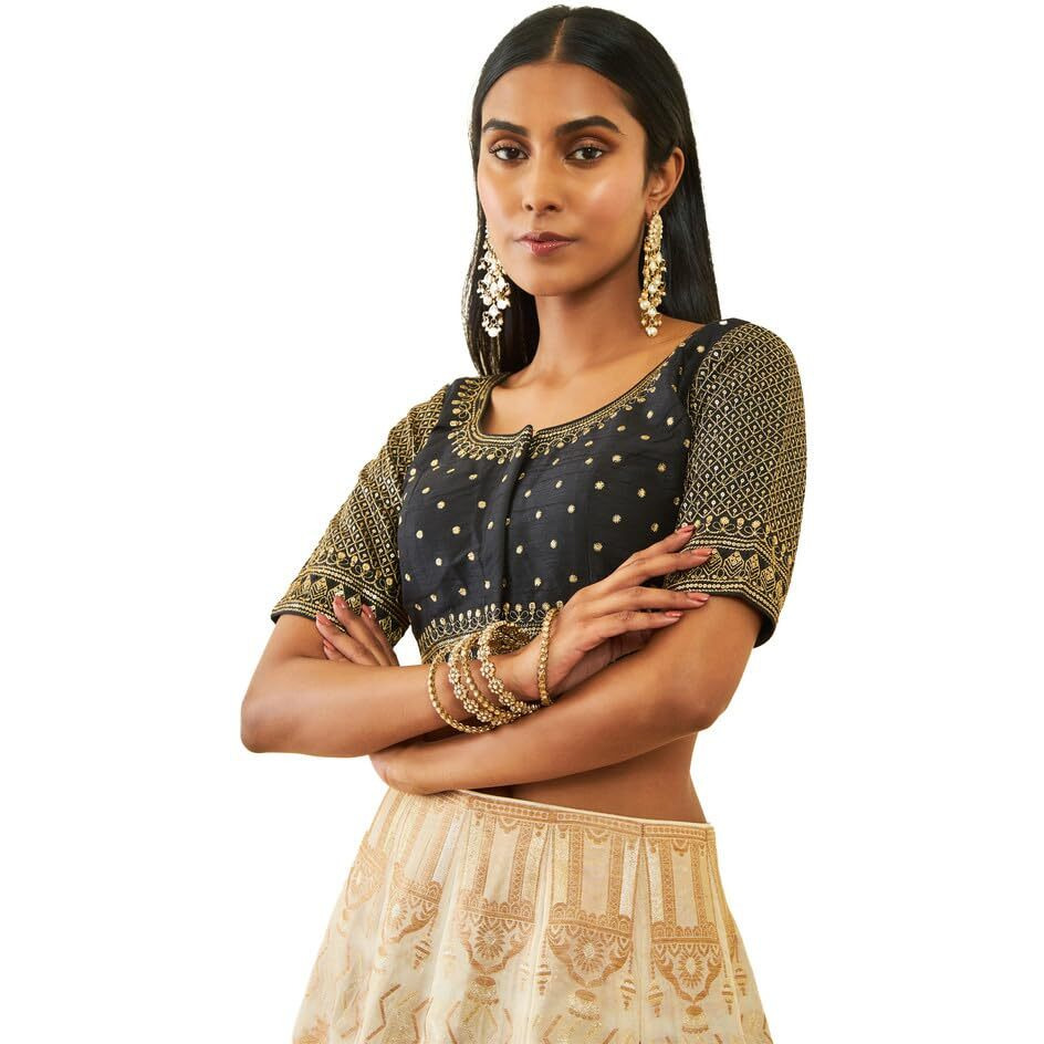 Soch Womens Black Tussar Sequin Embellished And Embroidered Front-Open Blouse