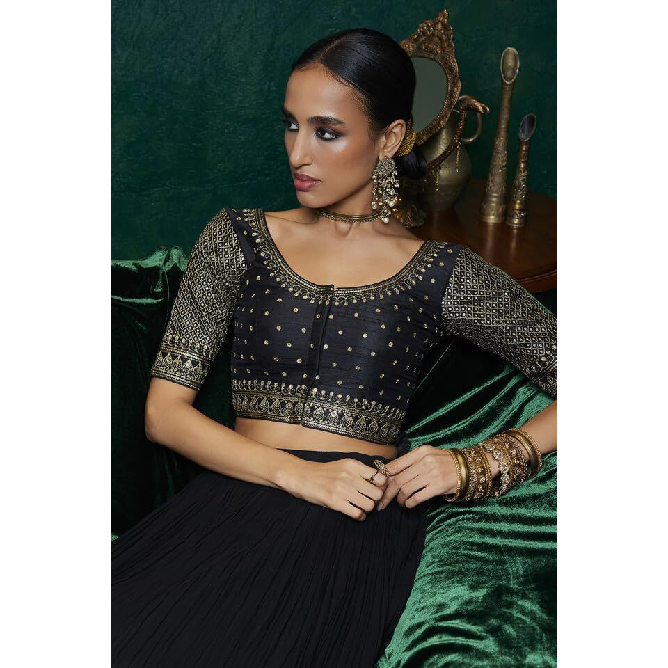 Soch Womens Black Tussar Sequin Embellished And Embroidered Front-Open Blouse