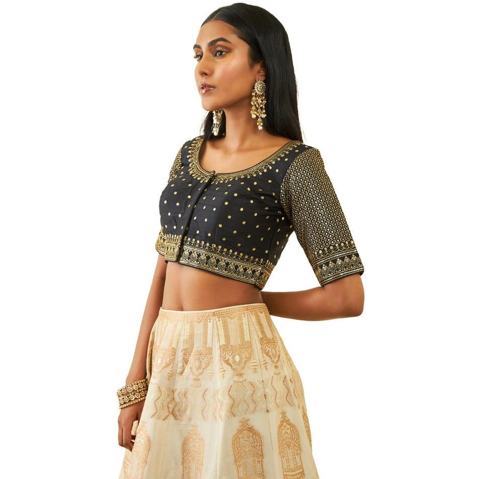 Soch Womens Black Tussar Sequin Embellished And Embroidered Front-Open Blouse