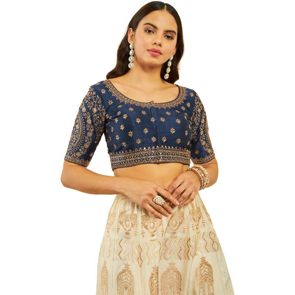 Soch Womens Navy Blue Tussar Embroidered Front-Open Blouse With Sequin Embellishments