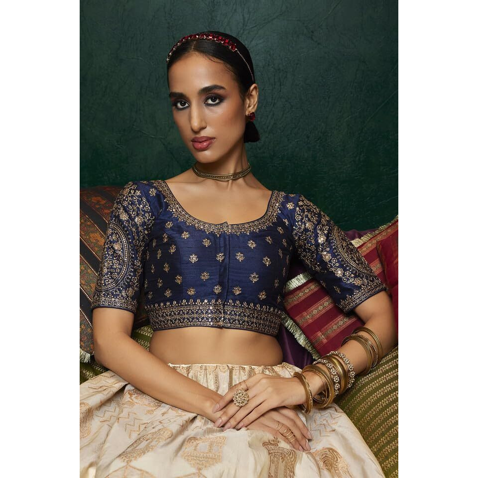 Soch Womens Navy Blue Tussar Embroidered Front-Open Blouse With Sequin Embellishments