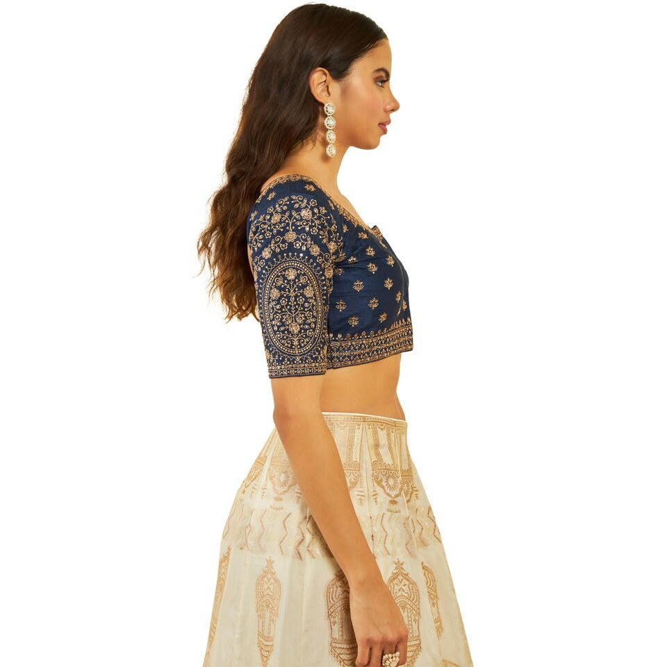 Soch Womens Navy Blue Tussar Embroidered Front-Open Blouse With Sequin Embellishments