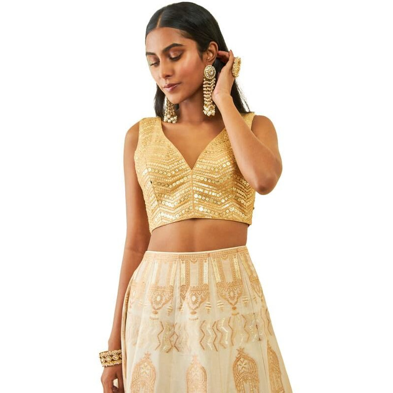 Soch Womens Gold Georgette Sequin Embroidered V-Neck Back-Open Sleeveless Blouse