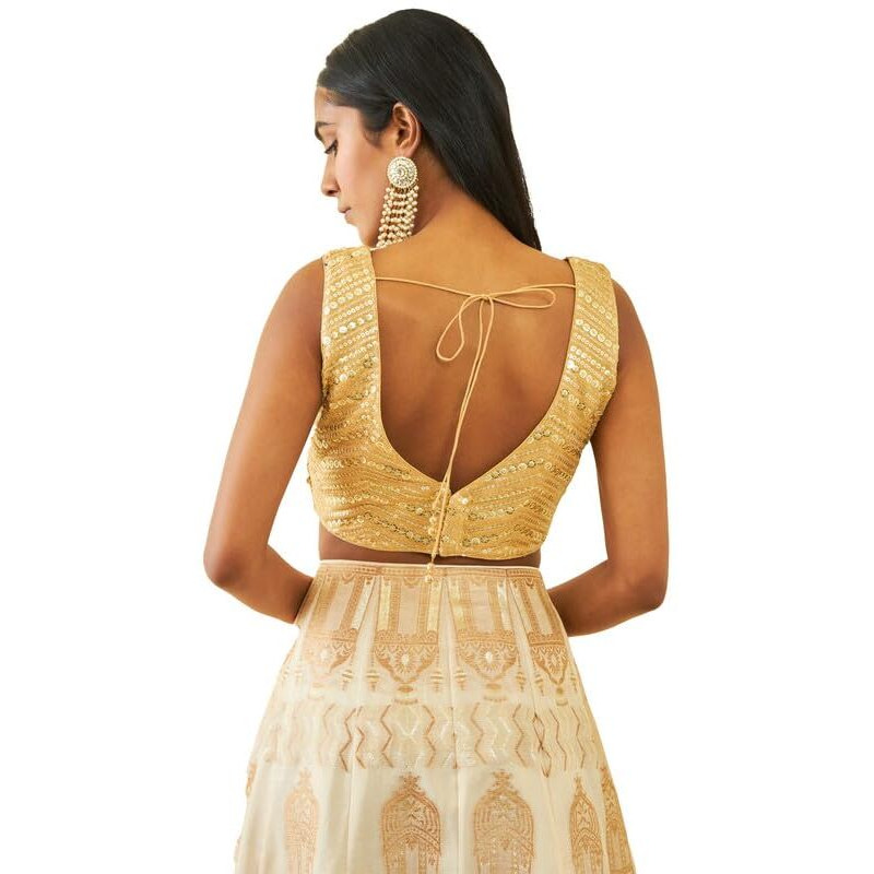 Soch Womens Gold Georgette Sequin Embroidered V-Neck Back-Open Sleeveless Blouse