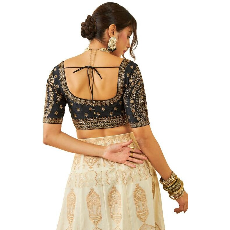 Soch Womens Black Tussar Embroidered Front-Open Blouse With Sequin Embellishments