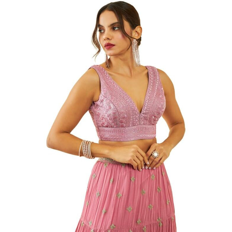 Soch Womens Onion Pink Net Sequin Embellished V-Neck Back-Open Sleeveless Blouse