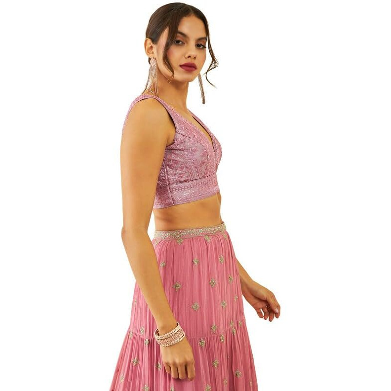 Soch Womens Onion Pink Net Sequin Embellished V-Neck Back-Open Sleeveless Blouse