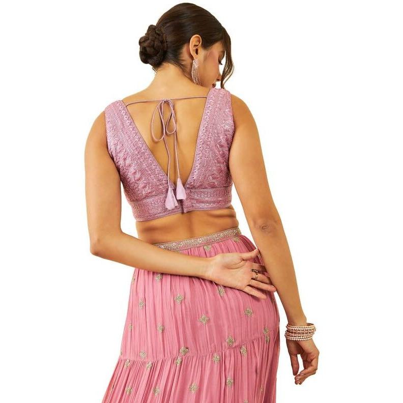 Soch Womens Onion Pink Net Sequin Embellished V-Neck Back-Open Sleeveless Blouse
