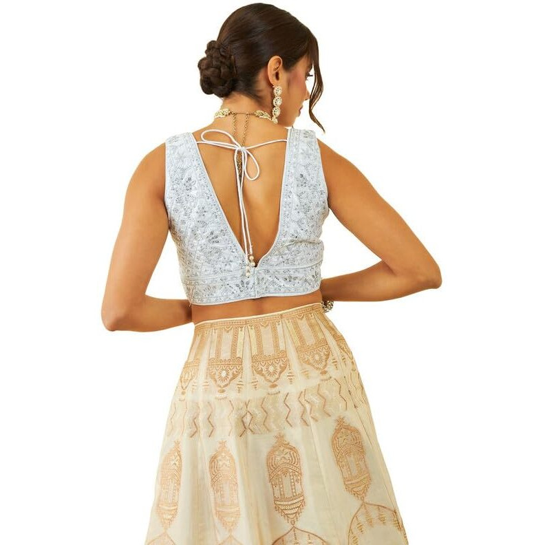Soch Womens Silver Tussar Sequin Embellished V-Neck Back-Open Sleeveless Blouse