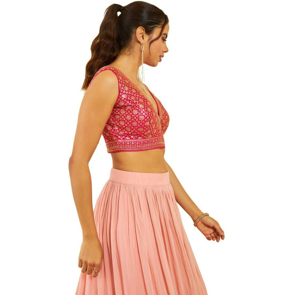 Soch Womens Fuchsia Tussar Sequin Embellished V-Neck Back-Open Sleeveless Blouse