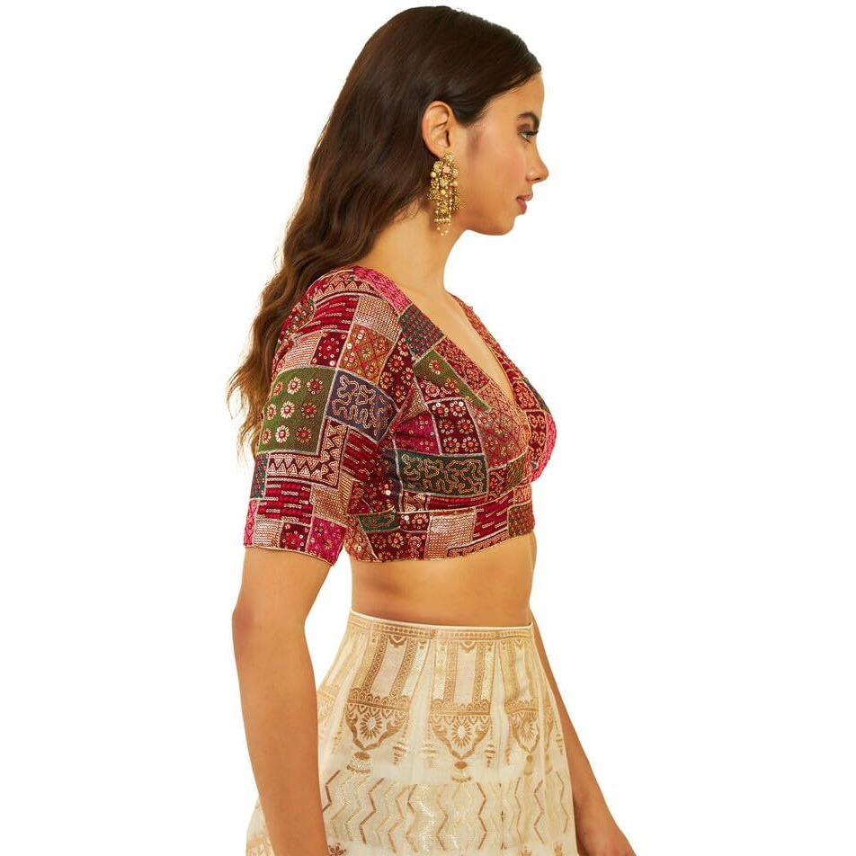 Soch Womens Maroon Tussar Sequin Embroidered V-Neck Back-Open Blouse