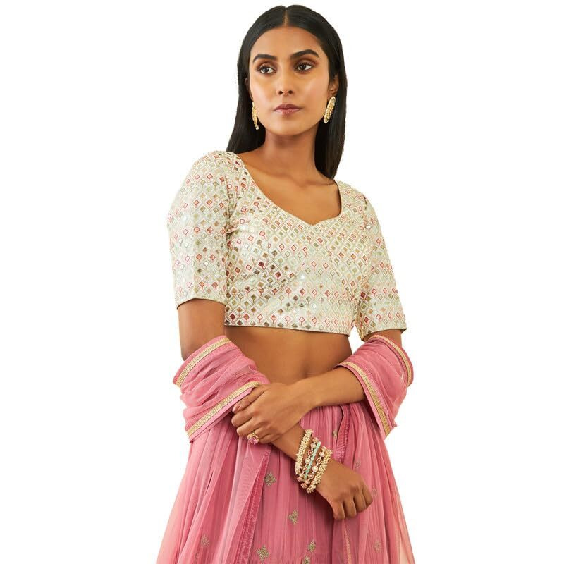 Soch Womens Cream Georgette Sequin Embellished And Embroidered Back-Open Blouse