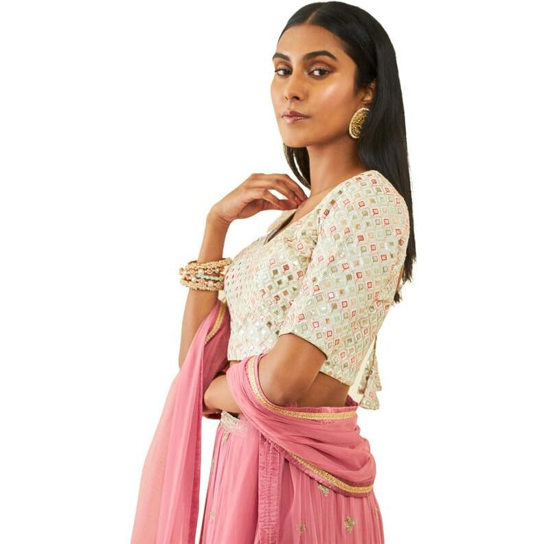 Soch Womens Cream Georgette Sequin Embellished And Embroidered Back-Open Blouse