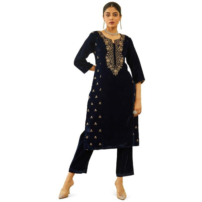 Soch Womens Navy Blue Velvet Floral Zari Embroidered Straight Kurta Set